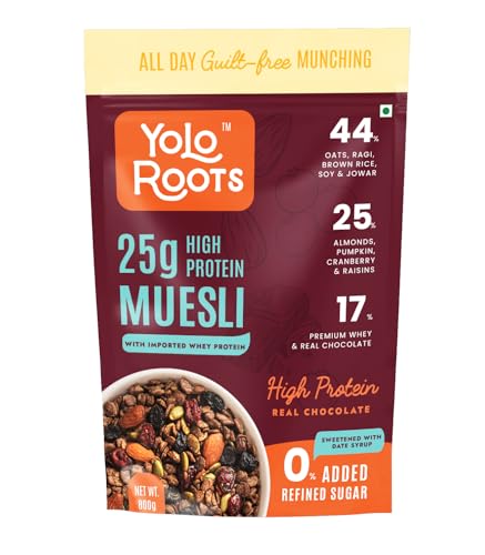 Image of Yolo Roots Dark Chocolate Muesli 400g | No Added Sugar | Oats, Nuts, Seeds & Cranberries | Breakfast Cereal | Crunchy & Ready to Eat Snack | Multigrains Mix