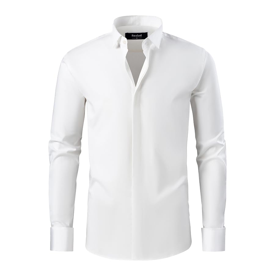 Men's Tuxedo Shirt Hidden Button Wing Collar French Cuffs Dress Shirt Solid2