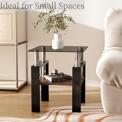 Image of Meihua Glass End Table, Square Glass Side Table, 2-Tier Modern Nightstand with Metal Legs for Living Room&Bedroom (Grey+Brown, Set of 2)