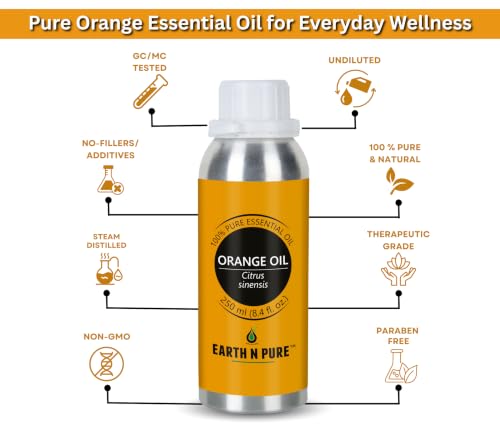 Image of Earth N Pure Orange Oil 100% Pure & Natural | Sweet Orange Essential Oil for Diffuser, Aromatherapy, Skin Care, Hair Care & Cleaning |for Fresh Mood & Home Fragrance | Undiluted Therapeutic Grade - 250ml