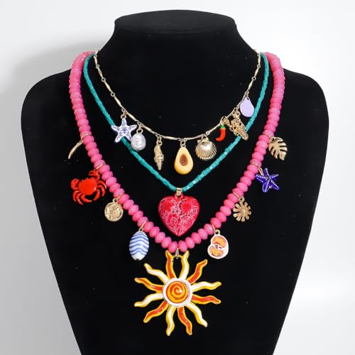 Bohemian Beaded Necklace for Women, Sun Sea Star Crab Shell Heart Pendant Necklace, Multichain Sea Life Jewelry Beach Gift for Party Summer Daily Wear4