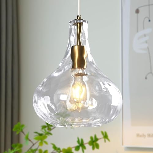 FookChak 10\" Brushed Nickel Pendant Light – Modern Hammered Glass Island Light For Kitchen, Dining, Hallway