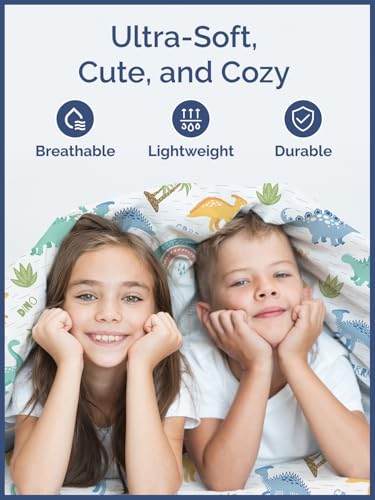 Image of Kids Queen Roaring Dinos Bed Sheets - 4 Piece Kids Roaring Dinos Sheet Set | Roaring Dinos Themed Bedding, Ultra-Soft, Cute & Cozy, Breathable & Machine Washable, Bed Set for Boys, Girls & Teens, Comfy