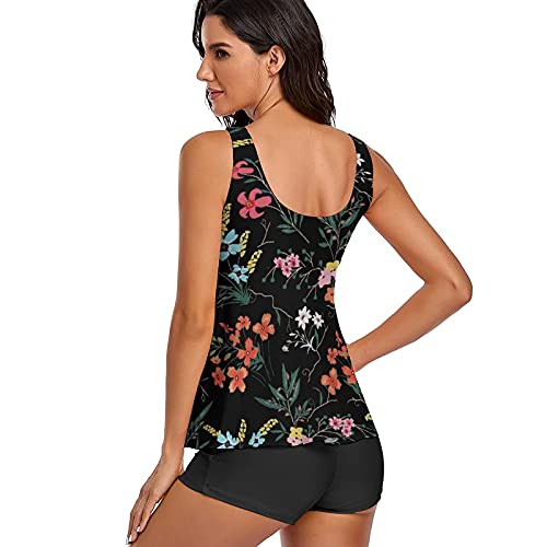 Image of Modest Tankini Swimsuits for Women Two Piece Bathing Suits Floral Print Tank Top with Boyshorts Tummy Control Swimming Suits