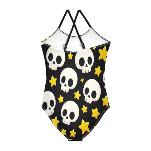 Cute White Skulls Yellow Stars Girls Swim Suit with Adjustable Shoulder Strap, Beach Swimsuit, 3-102