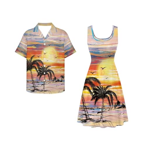 Image of Dreaweet Summer Dresses for Women A-Line Sleeveless Flowy Sun Dresses,Men's Casual Button-Down Shirts,Couple Matching Outfits