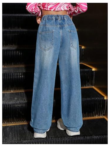 WDIRARA Girl's Heart Rhinestone High Waisted Baggy Jeans Wide Leg Denim Pants with Pockets2