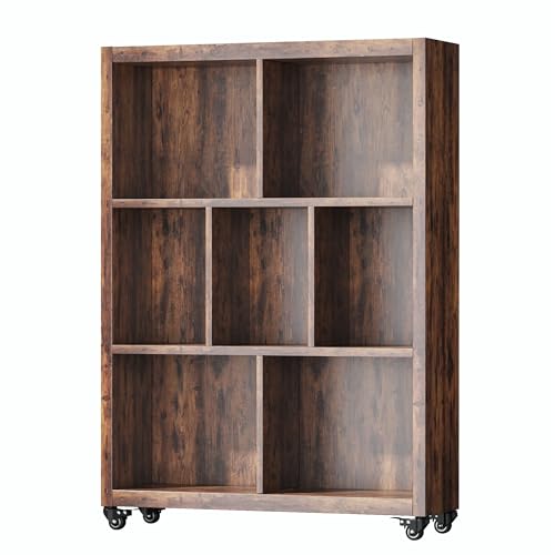 FUSUNBAO 7-Cube Style Bookshelf with Wheels Frame Industrial Style Book Storage Organizer Bookcase Floor Standing Fixed ShelvesDisplay Shelves Cabinet for Living Room/Bedroom/Office(Antique Brown)