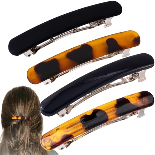 VARMDUKKE 4 PCS Small French Hair Barrettes, 2.48 Inch Curved Tortoise Shell Hair Clip for Women, Glossy/Frosted Flat Accessories for Thin, Thick, Long Hairstyles - Black, Leopard Color, Oval Style
