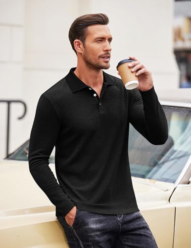 COOFANDY Men's Casual Polo Shirts Long Sleeve Textured Knit Tee Shirt Wrok Tshirts4