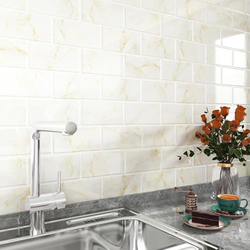FunStick Azulejos Adhesivos Cocina Efecto Marmol Pegatinas Azulejos Baño Vinilo Adhesivo Pared Blanco Cocina Oro Lavable 30×30CM 15 Baldosas Adhesivas Pared Marmol Oro Blanco Losetas Vinilicas Cocina