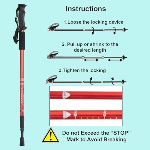 Image of Trekking Poles (2 Pack), Collapsible & Adjustable Hiking Sticks for Men & Women, Lightweight Aluminum Walking Poles with Anti-Shock System & Accessories - for Trekking, Hiking, Walking (Red)