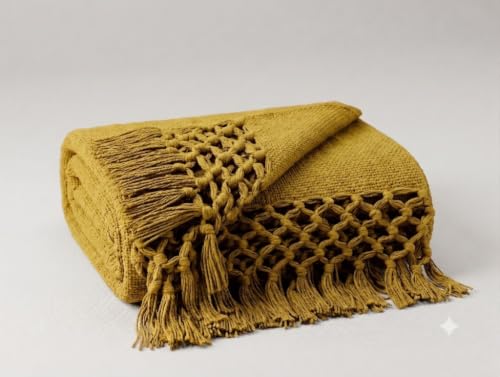 Image of HAKAM Throw Blanket for Sofa & Bed | Soft Cotton Sofa Throw | Bohemian Aesthetic Blanket | Sofa Cover Throw with Handmade Tassels | Lightweight Blanket (Mustard Yellow, 128x178 cm)