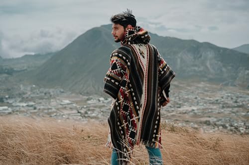 Image of Alpaca Mens Poncho with Hood - Cowboy Serape Western Poncho - Clint Eastwood Poncho for Men - Ecuadorian Cloak with Hood Men