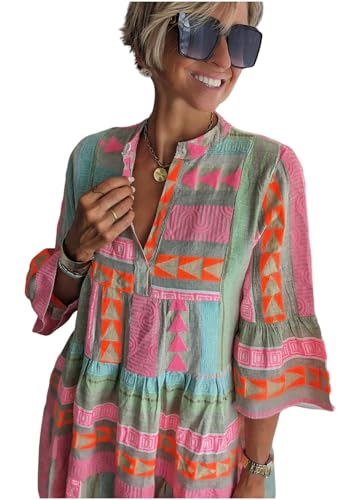 Image of Summer Shirt Dress for Women Long Sleeve Floral Printed Button Down Mini Dresses