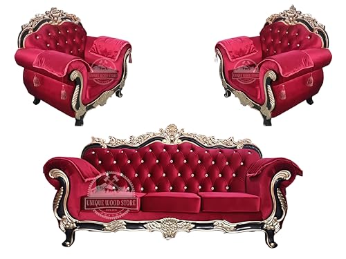 Image of Royal Carved Wooden Sofa Set | 3+1+1 Seater | Antique with Button Tufted Velvet Upholstery | Victorian Style Living Room Furniture Tufted Sofa Set Grey 3-Piece (Design 14)