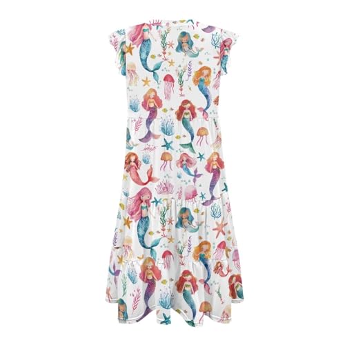 Image of Womens Summer Dress Ruffle Sleeve V Neck Dress Casual Fit Flowy Beach Vacation Sundress with Pocket S-2XL