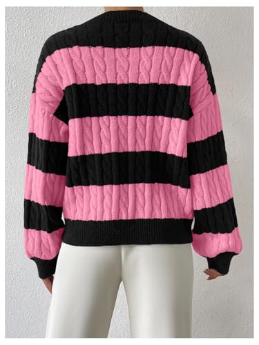 MakeMeChic Women's Cable Knit Color Block Striped Sweater V Neck Long Sleeve Pullover Tops2