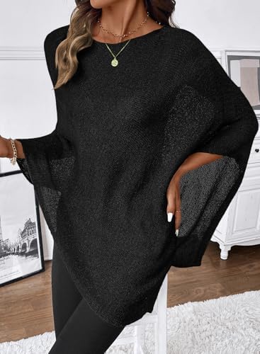 SHEWIN Off the Shoulder Tops for Women Casual Sheer Knit Ponchos Summer Sweaters Lightweight Cute See Through Tops Beach Cover Ups Pullover Beach Outfits for Women,(US 20-22) 2XL,Black - 5