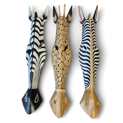 Masque en bois de zèbre ou girafe - Décoration murale sculptée à la main en bois massif - Style ethnique et colonial - 100 cm - Pièce unique d'Indonésie (100 cm)