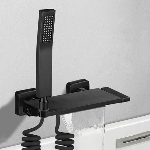 Mitigeur de bain-douche cascade noire avec pommeau et flexible de douche