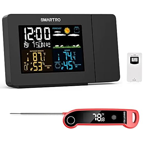 SMARTRO SC91 Projection Alarm Clock for Bedrooms with Weather Station and ST49 Instant Read Meat Thermometer Red Cover