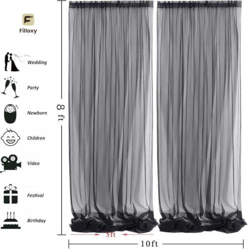 Image of White Net Backdrop Curtain Set for Decoration, 2 Pieces, 8 x 5 feet, for Wedding, Birthday, Anniversary, Engagement (Black)