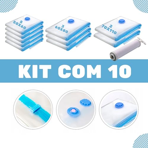 Kit 10 Saco a Vacuo + bomba Sacos Organizadores para Mala Roupas Viagem Cobertores Guarda Vac Bag Es