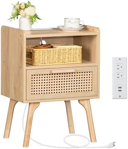 Lerliuo Rattan Nightstand with Charging Station, Boho Side Table ...