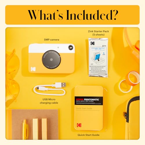 Image of KODAK Printomatic Full-Color Instant Print Digital Camera, Zink 2x3 inch (5.1x7.5 cm) Sticky-Back Photo Paper, 5MP, Portable, Creative Fun Gift for Birthday, Christmas, Holiday, Yellow