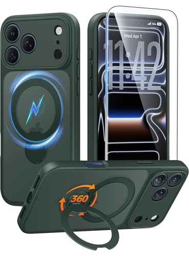 FNTCASE for iPhone 17 Pro-Max�P�[�X:[360�X�s�����C�X�^���h][Magsafe�Ή�] [�X�N���[���v���e�N�^�[]�������}�b�g�~���^���[�O���[�h�ϏՌ��t���J�����ی�J�o�[-�O���[��