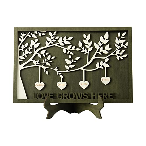 Mom Gifts,Personalized Family Sign with 2-9 Names Custom Name Sign Wooden Family Tree Frame Engraved Wood Plaque Home Decor Birthday Gift for Mother Women (4 names)