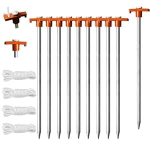 Eurmax USA Galvanized Non-Rust Camping Family Tent Pop Up Tent Stakes Ice Tools Heavy Duty 10pc-Pack, with 4x10ft Ropes & 1 Orange Stopper