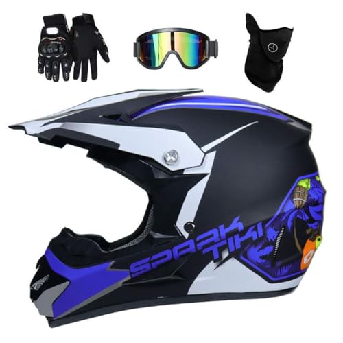 Full Face Motocross Helmet Set, with Goggles Gloves Mask, Youth Kid Off Road Motorbike Karting Scooter Helmet, Downhill MTB ATV BMX Enduro Quad Dirt Bike Crash Helmet ( Color : Royal Blue , Size : S/5