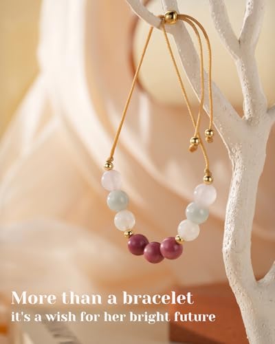 HGDEER Crystal Birthday Blessing Gifts for Girls - Natural Crystal Bracelet with Rose Quartz Aquamarine Moonstone Rhodonite - Adjustable 6mm Gemstone Jewelry with Blessing Card4