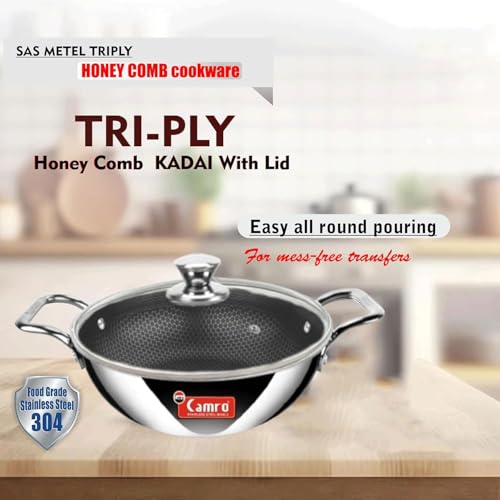 Image of Camro Kadai with Glass Lid 0.8 Litre 18 Cm| Honeycomb Triply Kadhai for Cooking | Curry Stir-Fry Deep Fry Dry Veg | Cookware kadai with Steel Handle |Non Stick kadhai for Frying |Induction Base & Gas