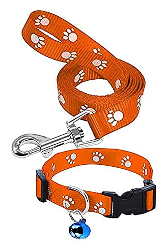 Woofy Soft Nylon Paw Print Collar Set for Puppies and Cats (15 MM, Orange)