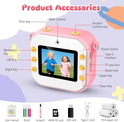 Image of Kids Camera Instant Print, 64GB 1080P Dual-Lens Selfie Instant Cameras Video, 48MP Birthday Gifts Instant Print Camera for Kids with Print Paper,Gift for Girls Age 3 4 5 6 7 8 9 10 11 Toddler Toy