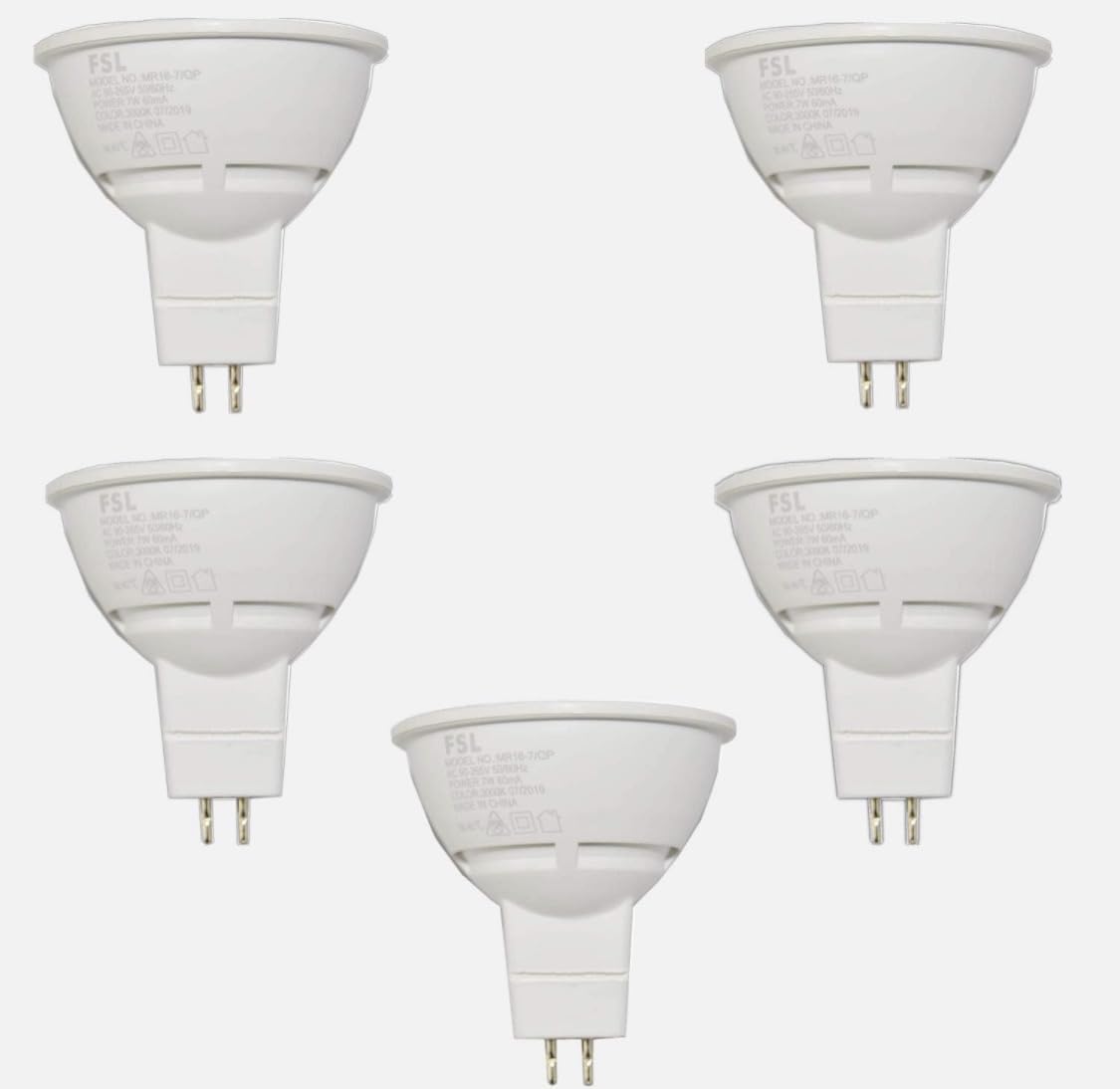 FSL LED MR16 Spot Light 7W GU5.3 vlotage AC90-220V White 6500K/Warm White 3000K,5 PACK PRICE (Warmwhite 3000k)