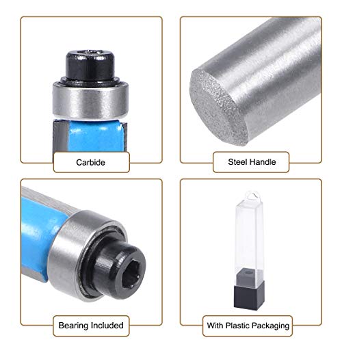 Uxcell Router Bit 1/4 Shank 1/4 Inch Dia. Flush Trim With Bearing 2 Flutes Carbide For Woodworking Milling Cutter Tool 2Pcs #TOP3