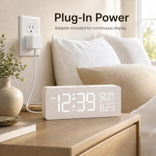 Image of Peakeep Wooden Digital Alarm Clock Large Display, Textured Decoration | for Bedroom Living Room Desk Table, Electric Plug-in Clock Battery Backup with Time Date Day, 5 Brightness, Auto DST