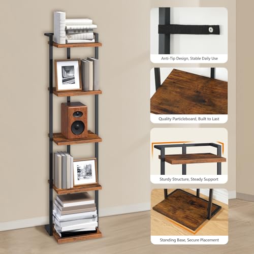MAHANCRIS Bücherregal, Standregal 5 Ebenen, DVD-Standregal, Küchenregal, Industriestil Büroregal, 33 x 25,5 x 132 cm, Offene Ablagen, für Büro, Wohnzimmer, Schlafzimmer, Vintagebraun ABKHR11501