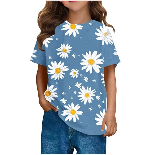 Kids Girls 2025 Fashion Summer T Shirts Crewneck Short Sleeve Blouse Daisy Floral Print Summer Tee Shirts