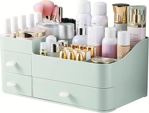 Suyoo Organizador de maquillaje con cajones, elegante almacenamiento de encimera para cosméticos, elegante soporte de tocador para pinceles, sombra de ojos, lociones, lápiz labial, esmalte de uñas y