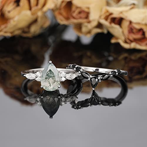 Irroya 1.50 Carat Pear Cut Natural Moss Agate Wedding Rings Sets - Genuine Moissanite Engagement Ring - Black Spinel Eternity V Shaped Wedding Band - Sterling Silver Matching Rings - Art Deco Ring Sets - Platinum Plated 925 Silver Statement Ring - Gifts For Women - Dainty Promise Ring (7) #TOP1