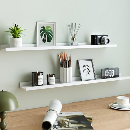 Image of White Floating Shelves for Wall Decor, 40 in Shelf with Lip Set of 2 | 4.5 inch Deep Display Picture Ledge Shelf, Long Wall Mounted Storage Shelves for Bedroom, Bathroom, Living Room, Kitchen, Nursery