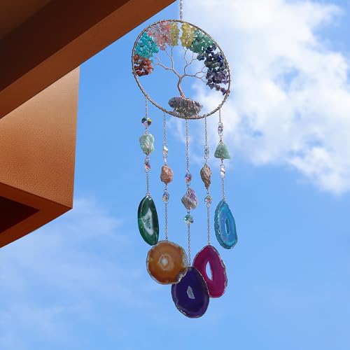 Large Agate Dream Catcher - Dreamsum 7 Chakra Tree of Life Dream Catcher with Rainbow Crystal Stones Handmade Gold Dreamcatcher Wall Decor for Adults Boys Girls, Bedroom, Wedding, Garden, Bless Gift