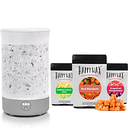 Happy Wax - Wax Warmer & Wax Melts Gift Kit - Scented Wax Melts Made with All Natural Soy Wax and Infused Essential Oils. Perfect Wax Warmer Wax Melt Gift Set (Citrus Mix, WhiteTerrazzo Warmer)