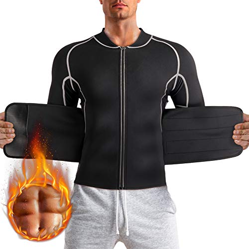 TAILONG Herren Saunaanzug Gewichtsverlust Jacke Taillentrainer Hot Sweat Shirt Workout Tank Tops Reißverschluss Langarm Body Shaper mit verstellbarem Gürtel (schwarz, klein) Cover