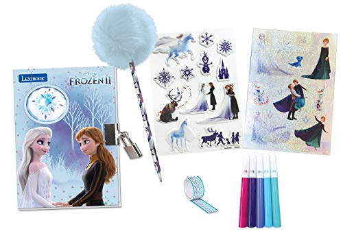 Lexibook, Frozen, Diario Segreto elettronico con Effetti Luminosi Foglietti Adesivi con Chiave e Lucchetto, Penna a Pompon, Blu/Viola, SD30FZ